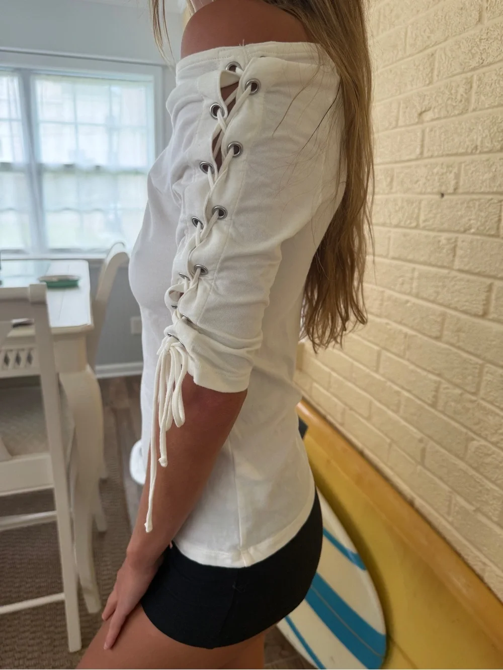 H&M White Off-Shoulder Lace-Up Sleeve Top